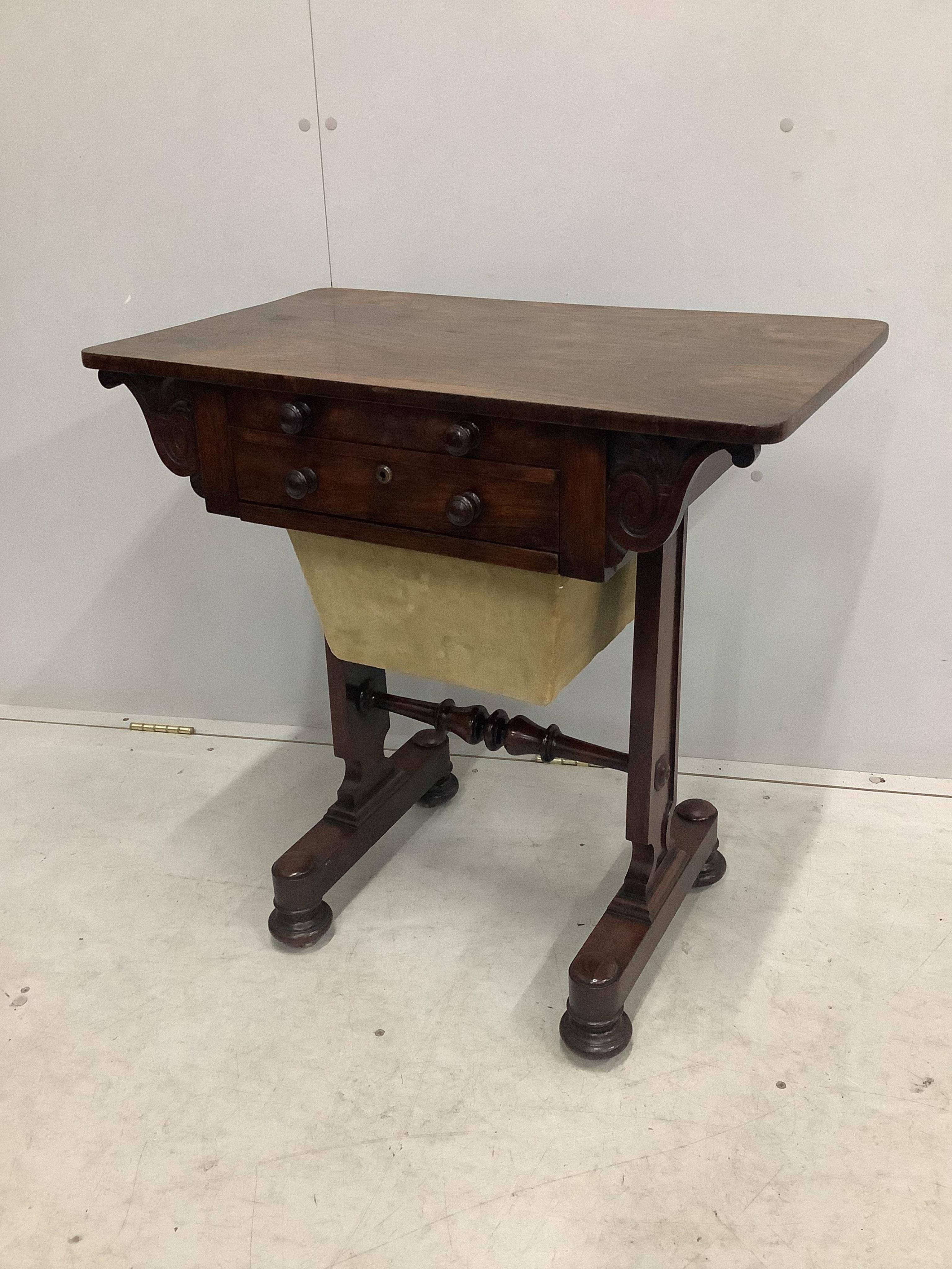 A William IV rosewood work table, width 71cm, depth 42cm, height 72cm. Condition - fair